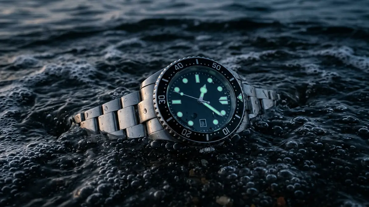 Steel dive watch half-submerged in ocean water