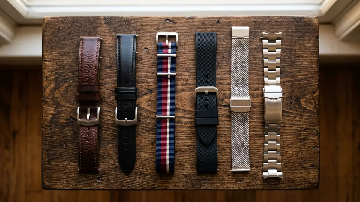 Different watch straps laid out on wood