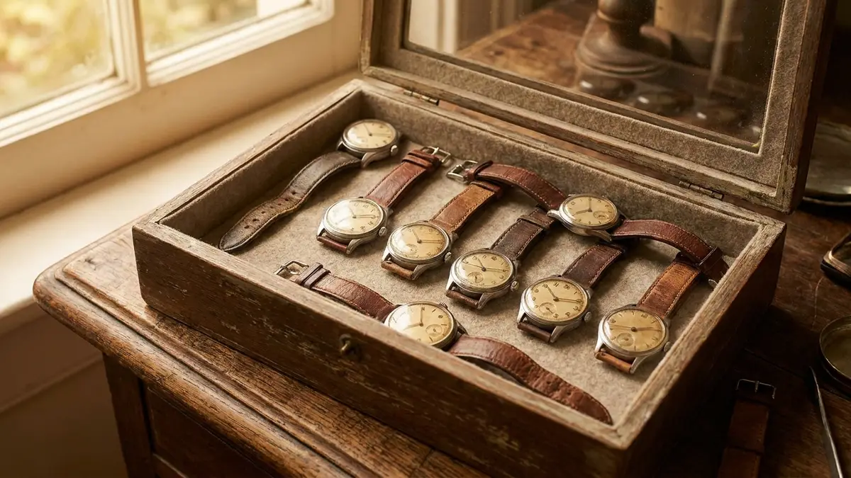 Box of vintage mechanical wristwatches